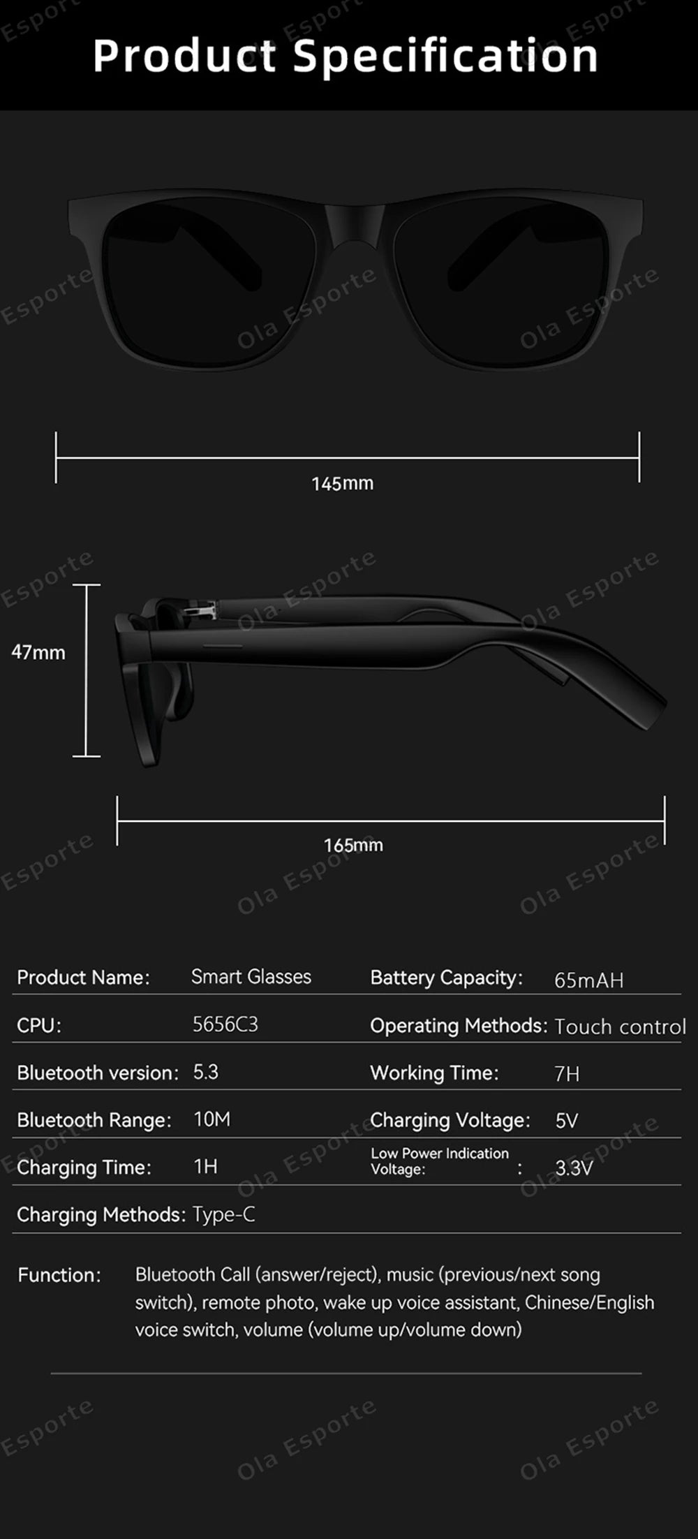 Ola Esporte Smart Glasses — Bluetooth Call Sunglasses, Multi-Functional Anti-Blue Light Wireless Headset for Men and Women