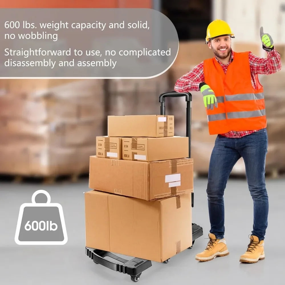 Folding Hand Truck 600lbs – Portable Heavy-Duty 6-Wheel Collapsible Luggage Dolly Cart with 2 Elastic Ropes