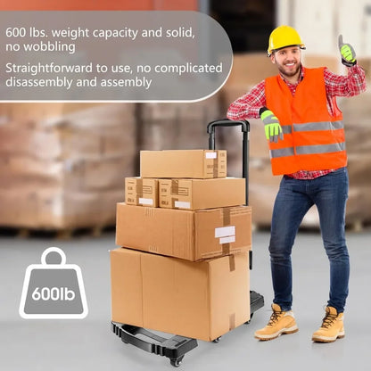 Folding Hand Truck 600lbs – Portable Heavy-Duty 6-Wheel Collapsible Luggage Dolly Cart with 2 Elastic Ropes
