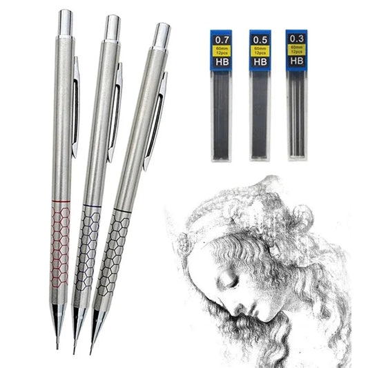 3-Pack Metal Mechanical Pencil Set 0.5mm 0.7mm 0.9mm with Eraser & HB Lead – Precision Drawing & Writing Stationery