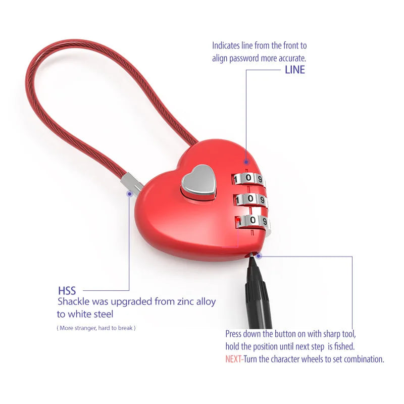 Heart-Shaped Love Lock for Wedding, School Bag, Backpack & Trolley Box - Zinc Alloy Combination Lock