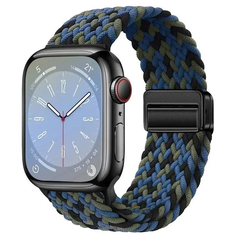 Nylon Braided Loop Apple Watch Band – Magnetic Metal Bracelet Strap for Ultra 2, Series 3–9 & SE (40mm–49mm) Adjustable Wristband