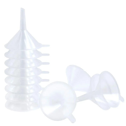 10-Piece Mini Plastic Funnels — Small Funnels for Essential Oil Bottles, Empty Lip Gloss Tubes, Perfume Bottles