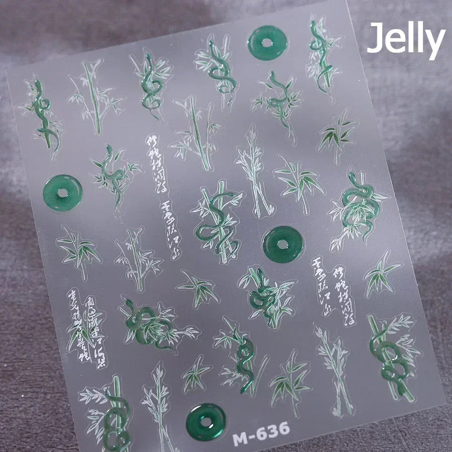 5D Gold Stamped Nail Art Stickers - Silver Sun Stars Snake Chinese Style Self-Adhesive Manicure Decals