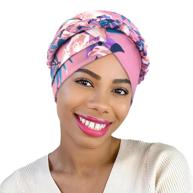 African Print Turban Headband Cap - Twisted Braid Head Wrap with Skullcap Style for Women