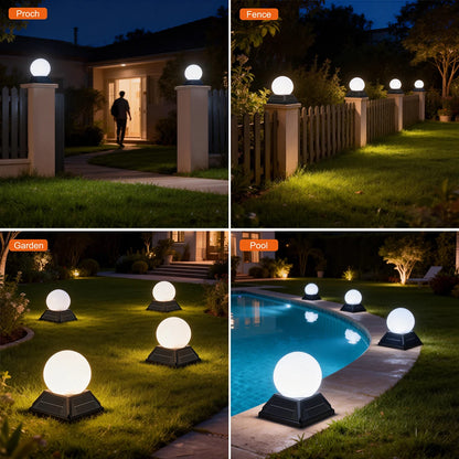 Solar Post Pillar Light - Round Ball Garden Lamp with Remote, Timer, Dimmer and 2400mAh Battery