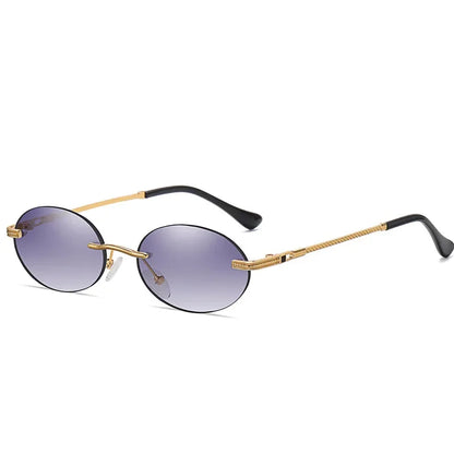 Retro Oval Rimless Sunglasses – Blue Mirror Gold Metal UV400 for Men & Women