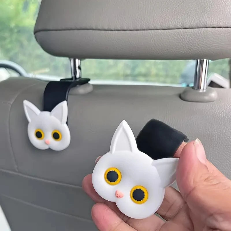 3D Cartoon Cat Car Headrest Hooks - 2-Piece Universal Vehicle Organizer for Bags, Purses & Coats