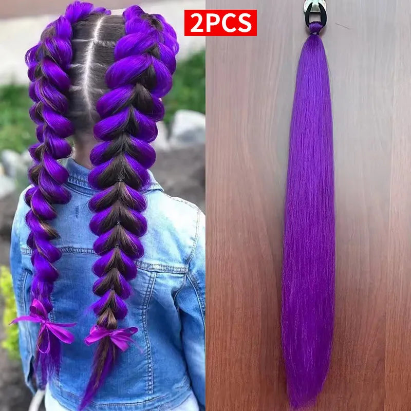 2pcs Purple Synthetic Braiding Hair – Long Straight DIY Braided Ponytail Hairpieces for Women, Party & Stage Hair Accessories