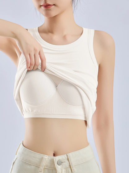 Women’s Threaded Camisole Vest – All-In-One Pure Color Top with Built-In Breast Pads, Inner & Outer Layer Bottoming Shirt
