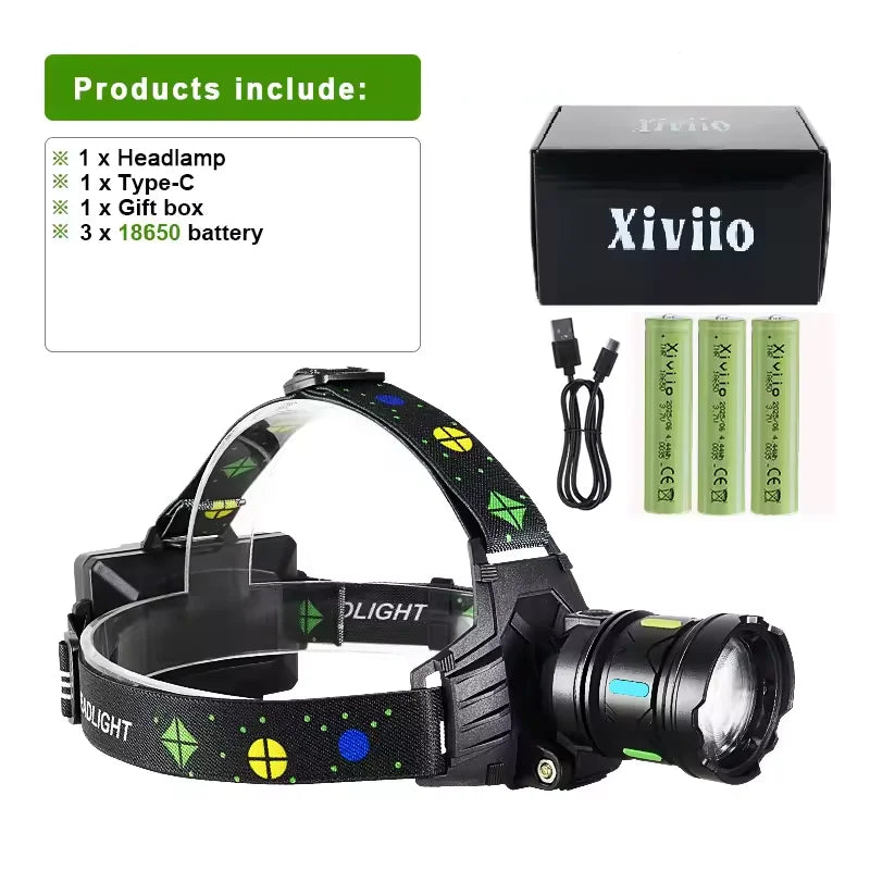18,000,000LM Powerful Rechargeable LED Headlamp – Dual White & Yellow Light, 3KM Long Range High Brightness Headlight for Camping, Fishing & Outdoor Use