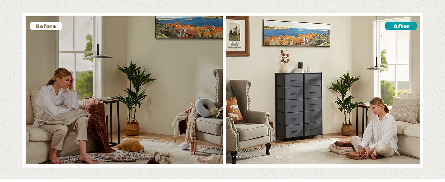 Bedside Table with 10 Fabric Drawers – Steel Frame Nightstand Storage Cabinet for Bedroom Clothes Organizer