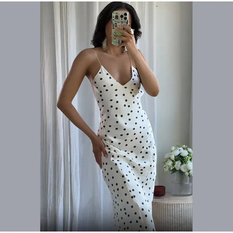 Elegant Women’s Polka Dot Maxi Dress – Chic Sleeveless Round Neck High Waist Slim Fit Vestido for Party & Street, 2025 New