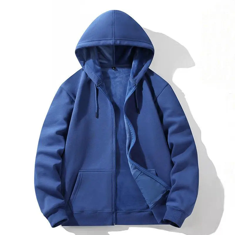 Zipper Hooded Sweatshirt – Autumn Winter Fleece-Lined Cotton Cardigan for Men & Women, Solid Color Y2K Style