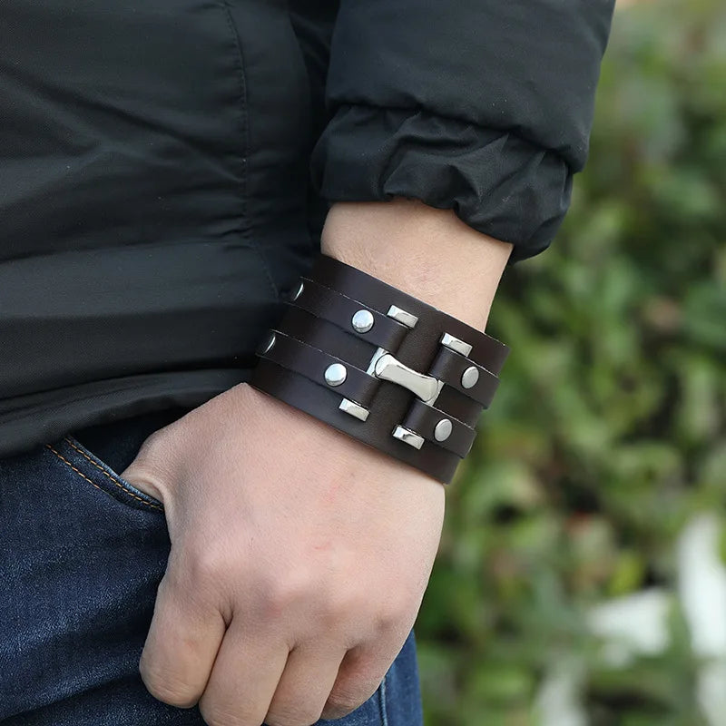 New Vintage Leather Wristband Bracelet – Gothic Punk Cuff with Concealed Buckle, Adjustable Metal Armbands for Men