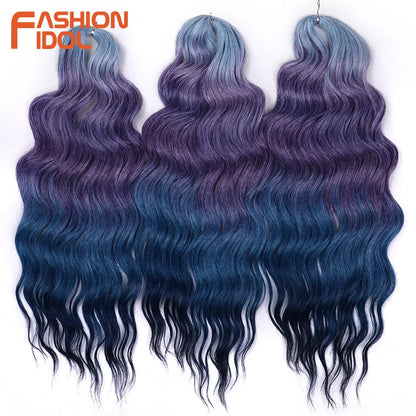 FASHION IDOL 24" Deep Wave Crochet Hair - 3-Piece Synthetic Water Wave Braiding Extensions, Ombre Rainbow Twist Hair