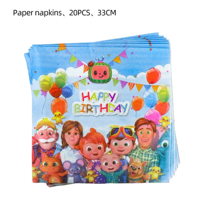 Cartoon JJ Melon Birthday Party Decorations Set – Disposable Tableware, Cups, Plates, Tablecloth, Balloons & Cake Topper for Kids & Baby Shower