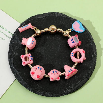 Pink Kirby Gold-Plated Charm Bangle Bracelet - Kawaii Anime Enamel Jewelry Accessory for Fans