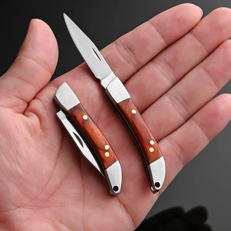 2024 Outdoor Camping Pocket Mini Folding Knife - Stainless Steel Blade, Wooden Handle, Keychain EDC Tool