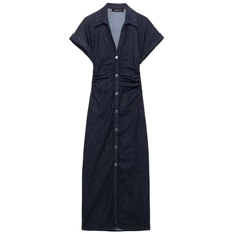 TRAF Women’s Denim Bodycon Dress – Summer 2025 Blue Button Ruffled Batwing Sleeve Long Casual Beach Vestido