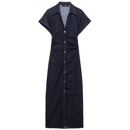 TRAF Women’s Denim Bodycon Dress – Summer 2025 Blue Button Ruffled Batwing Sleeve Long Casual Beach Vestido