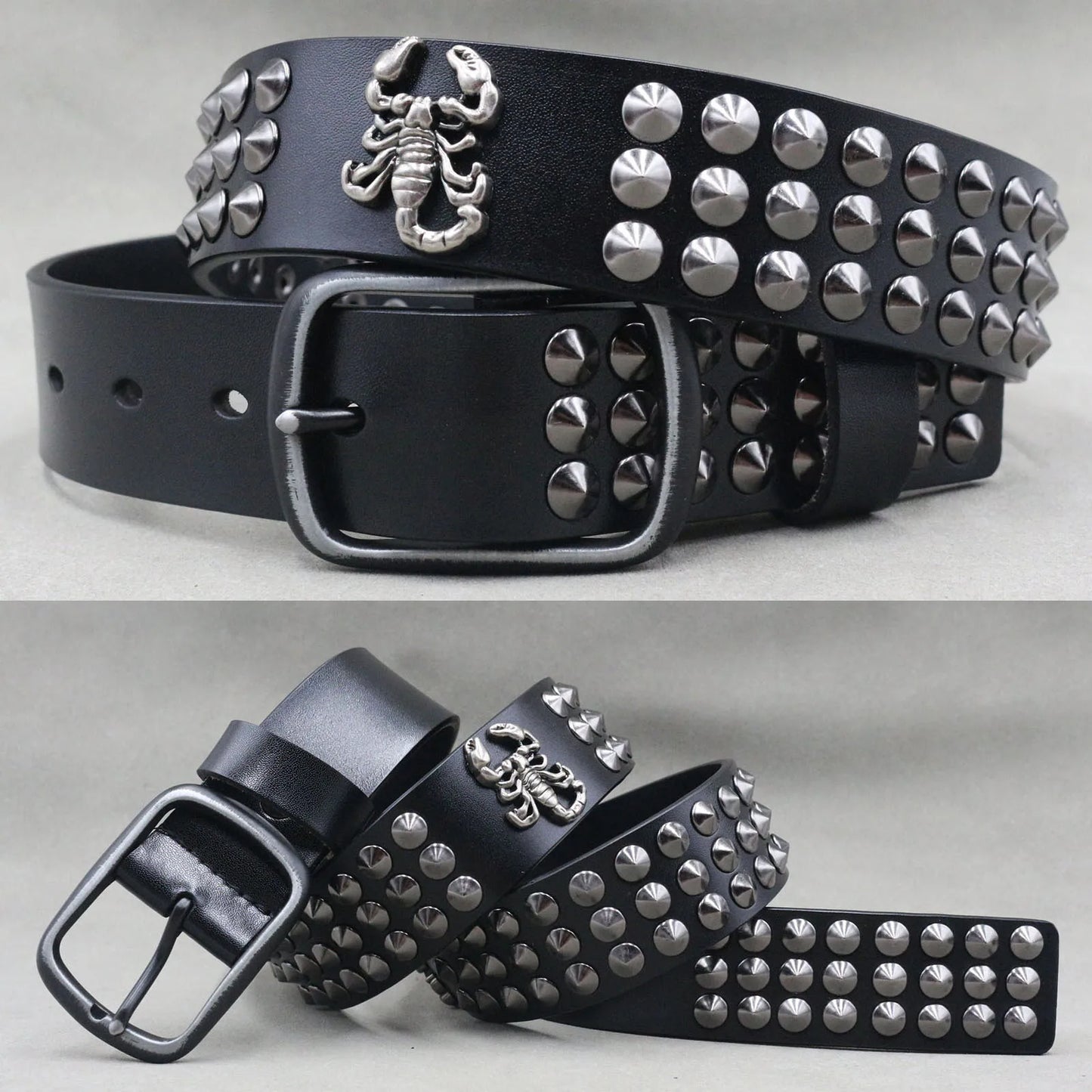 Men’s Designer Rivet Belt – Genuine Cowhide Leather Punk Rock Pin Belt for Jeans, Luxury Black Leather Belt