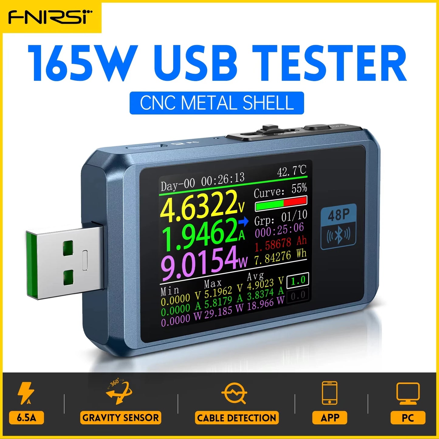 FNB58 USB Tester Voltmeter – TYPE-C Fast Charge Detection, Ammeter, Capacity & Ripple Measurement Tool