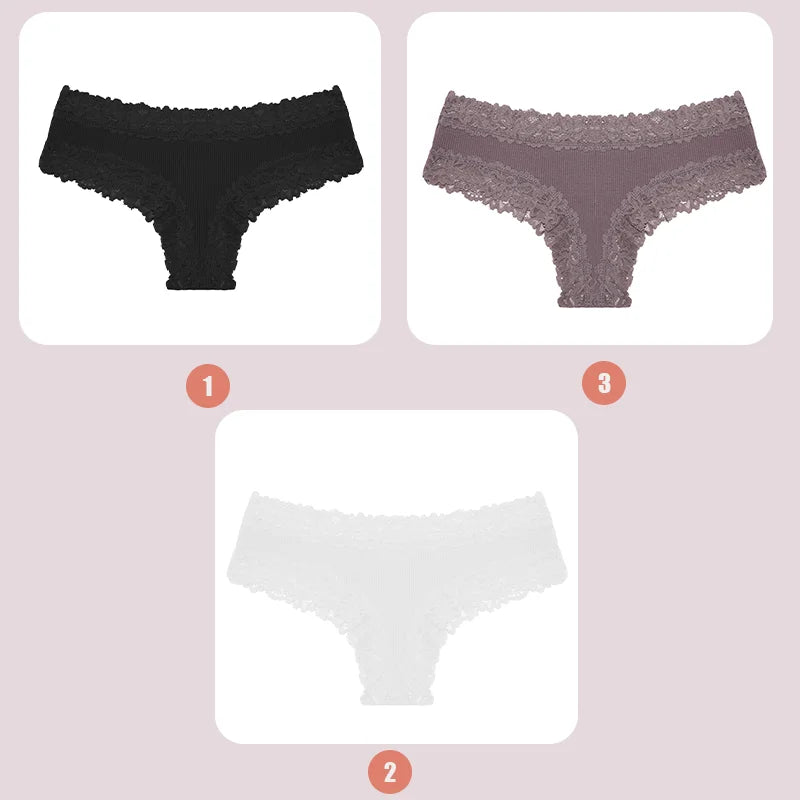 3PCS Lace Seamless Cotton Panties - Ribbed Brazilian Low Waist, Breathable Women’s Underwear, Plus Size Lingerie