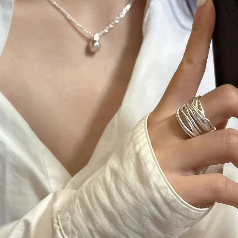 925 Sterling Silver Open Ring — Handmade Geometric Irregular Cross Lines for Women