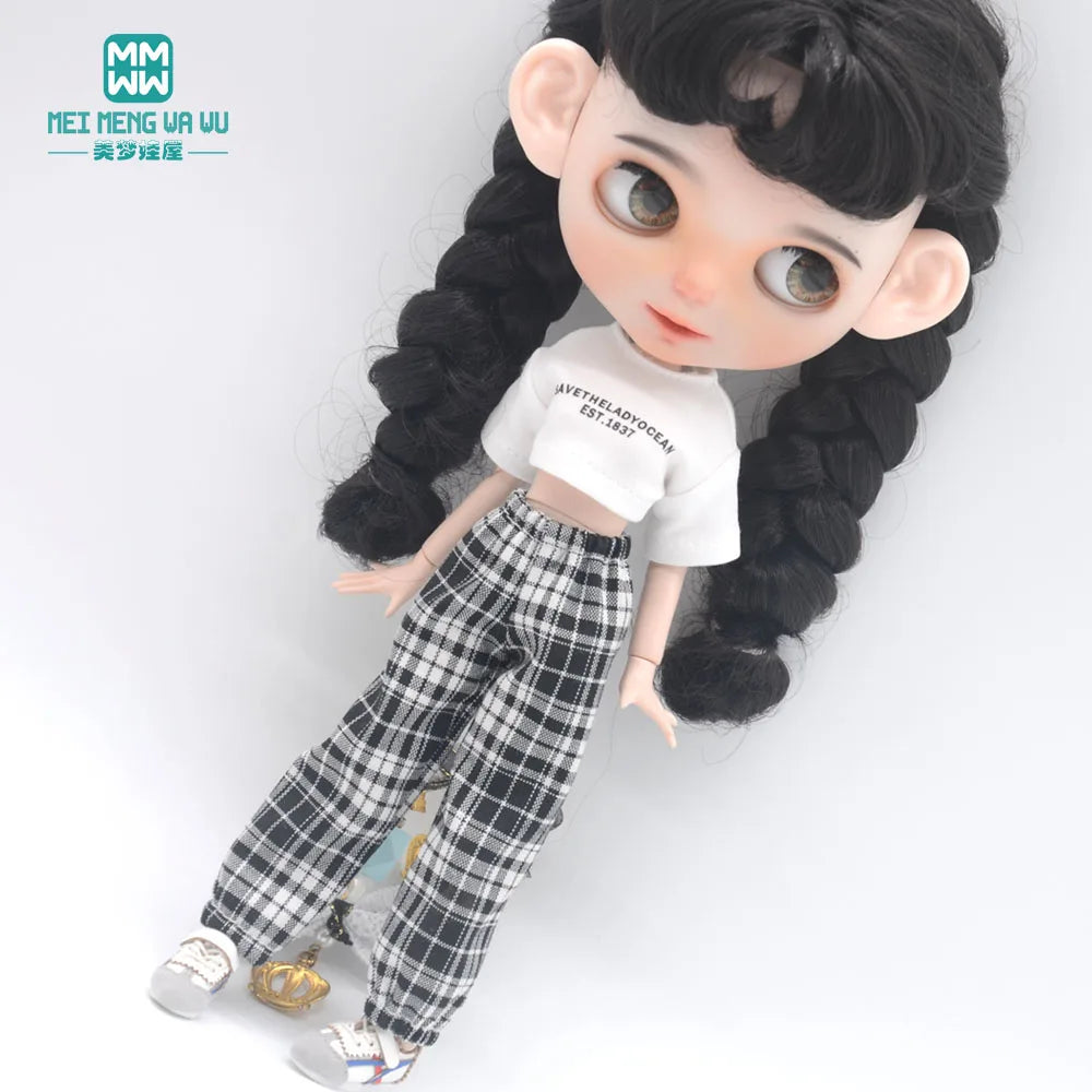 Blythe Doll Clothes – Fashion Tops, Black & White Shirts with Jeans & Plaid Pants for Azone OB22/OB24 Dolls