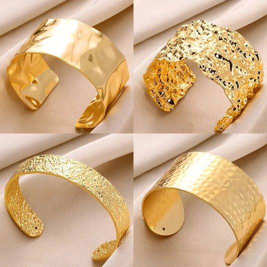 Classic Bump Pattern Open Cuff Bracelet – Gold Stainless Steel Bangle for Women Elegant Hand Jewelry Gift Accessory