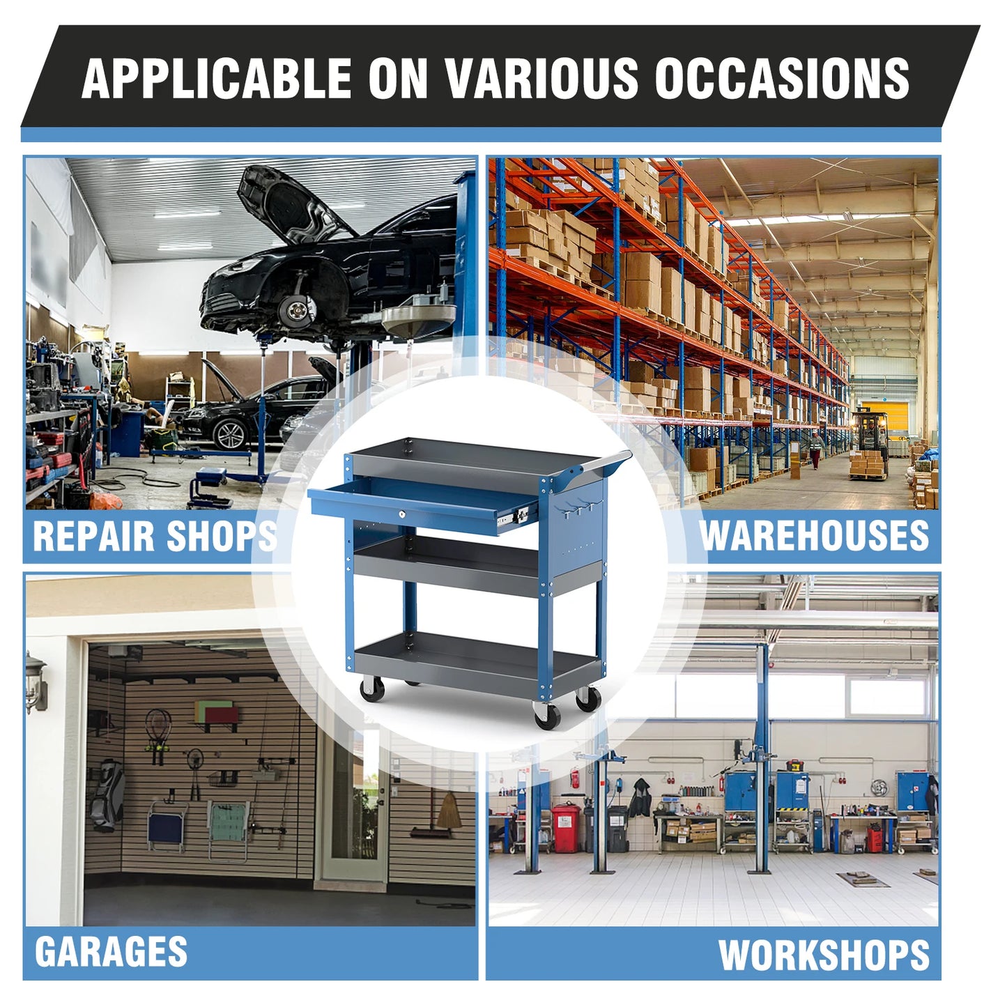 AIRAJ 3-Tier Rolling Tool Cart — Heavy-Duty Metal Mechanic Utility Cart with Drawers, Wheels & Pegboard