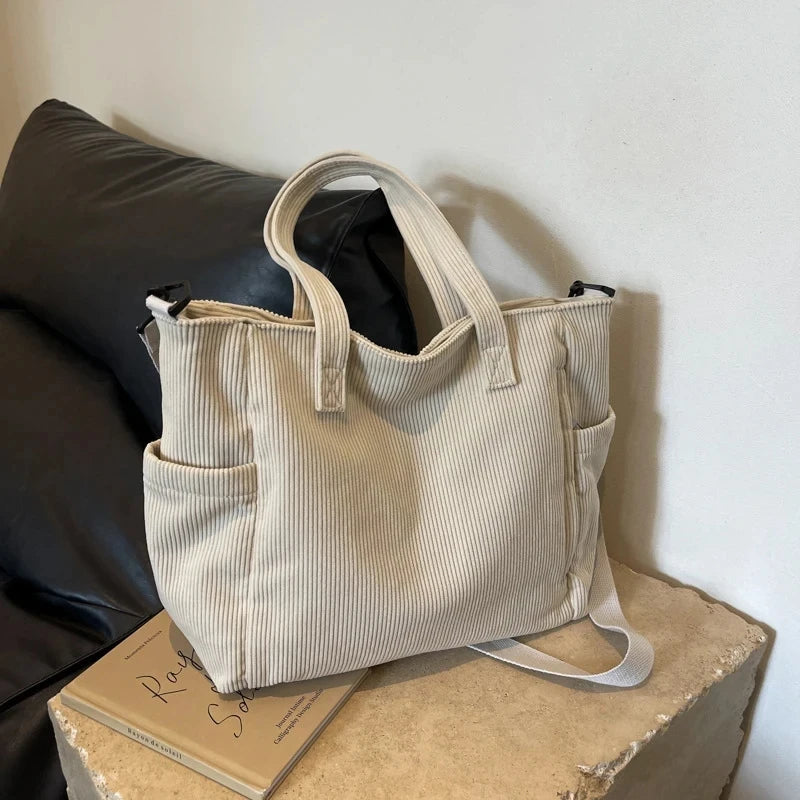 Corduroy Tote Bag - Women's Multi-Pocket Crossbody Shoulder Bag with Adjustable Strap