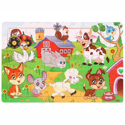 30PCS Wooden Jigsaw Puzzle – Cartoon Animal & Vehicle Educational Toys for Kids