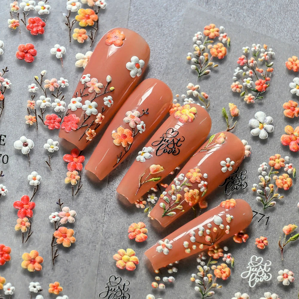 5D Floral Nail Stickers Set - Valentine’s Day Rose & Daisy Embossed Nail Decals for DIY Spring Summer Nail Art Decoration