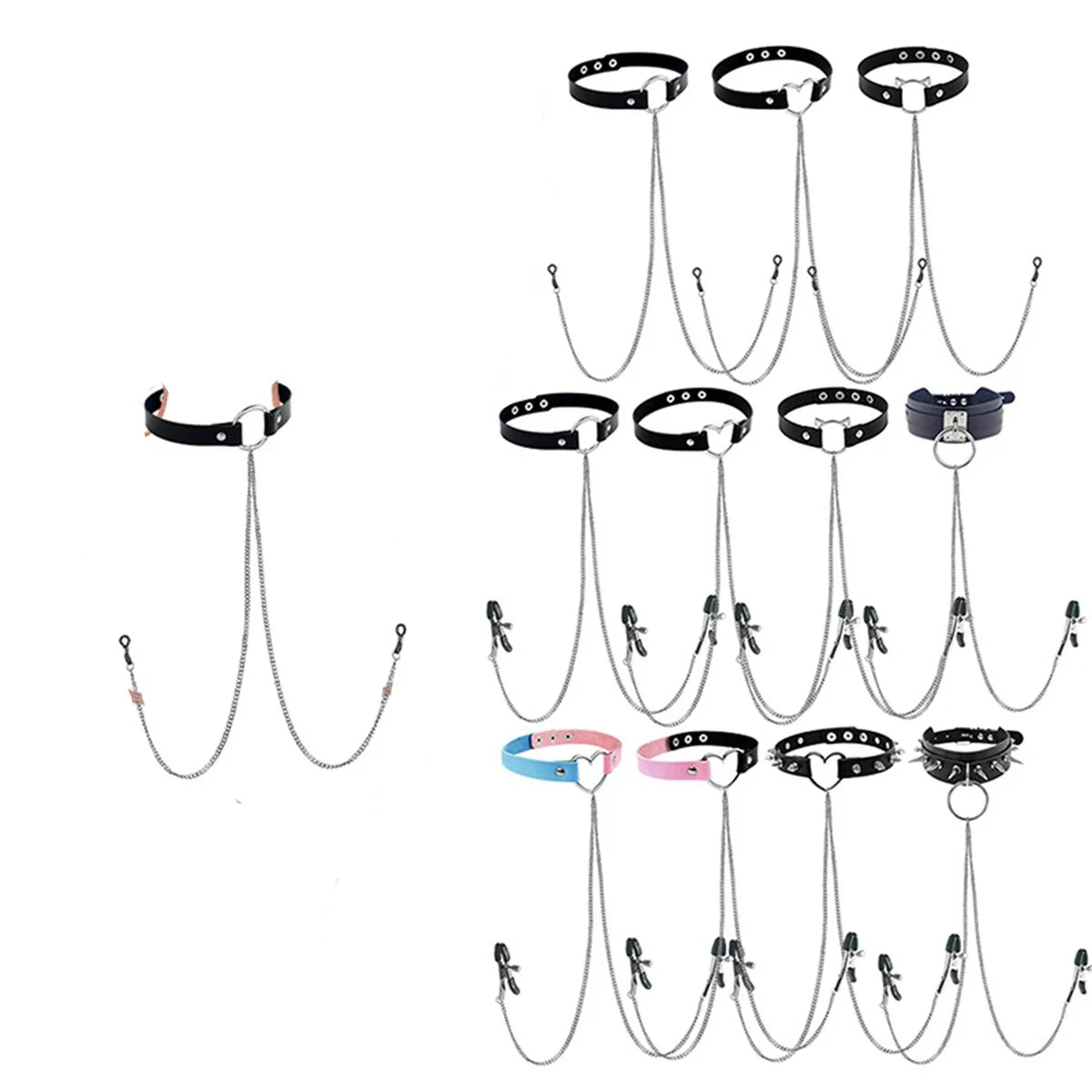 Adjustable Nipple Clamp and Collar Leash Set - BDSM Bondage Chain Accessories with Punk-Inspired Jewelry Design