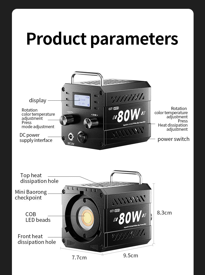 80W Dual Color Temperature COB Photography Light - Professional LED Video Light, Portable Handheld Fill Light with Mini Bowens