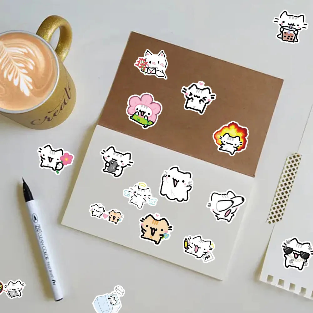 50/100-Piece Cute Basil Kitten Sticker Set - Small Cartoon Cat Decals for Phone Cases, Stationery and Suitcases