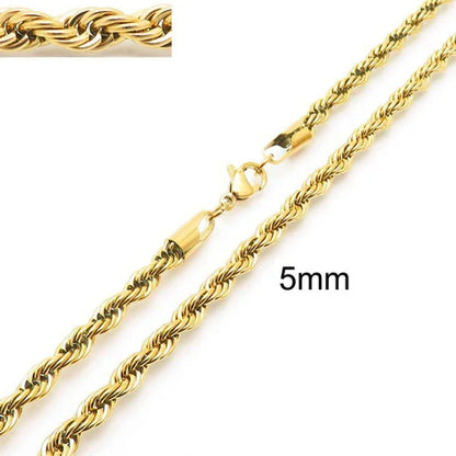 304 Stainless Steel Twist Rope Chain Necklace – PVD Gold Plated, 2-5mm Width for Men & Women, Fashion Accessories