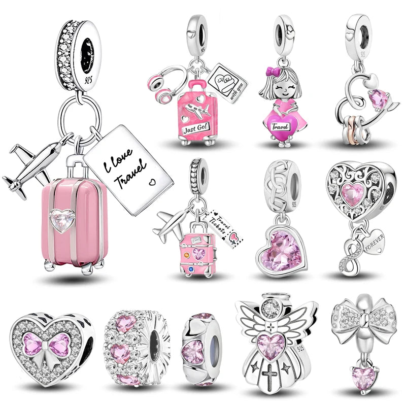 925 Sterling Silver Pink Heart Charm - Zircon Love Pendant Bead for DIY Bracelets, Bangles & Women’s Jewelry