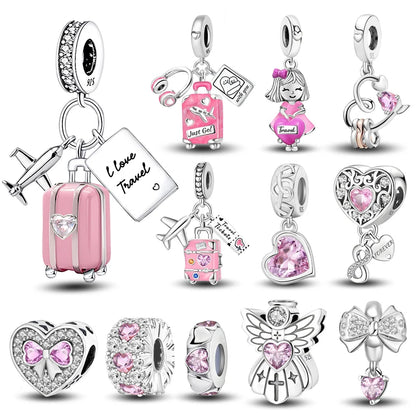 925 Sterling Silver Pink Heart Charm - Zircon Love Pendant Bead for DIY Bracelets, Bangles & Women’s Jewelry