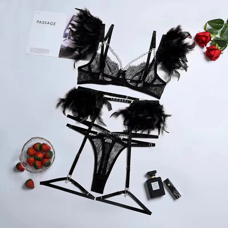 Sexy Lace G-String Lingerie Set - Feather Detail Trikini with Metal Chain and Garter Belt