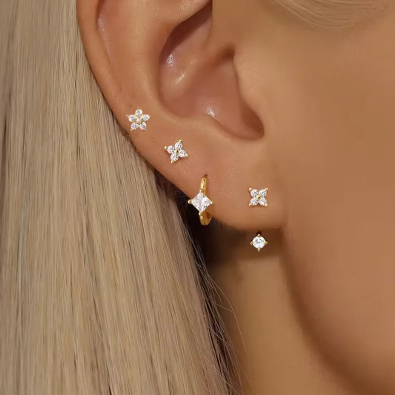 4PCS Women’s Zircon Small Hoop Earrings Set – Stainless Steel Heart, Moon & Flower Huggie Pendant Piercing Jewelry