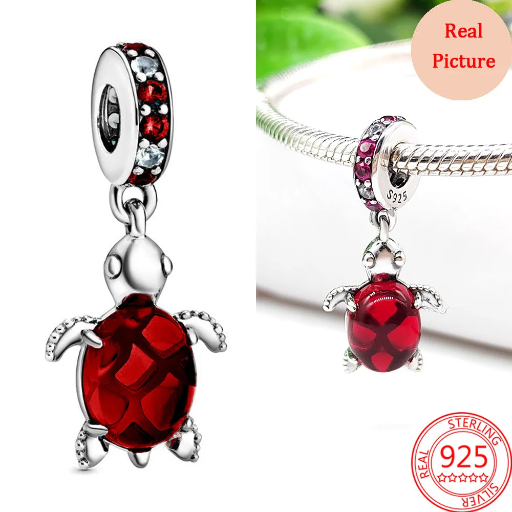925 Silver Plated Murano Glass Sea Turtle Dangle Charm - Colorful Pink & Blue Jewelry for Women's Bracelet