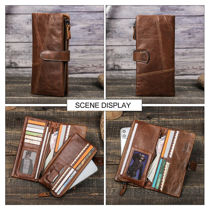 CONTACT'S Genuine Leather Men’s Long Wallet – Phone Bag with Zipper Coin Pocket, Clutch Purse & Small Wallet