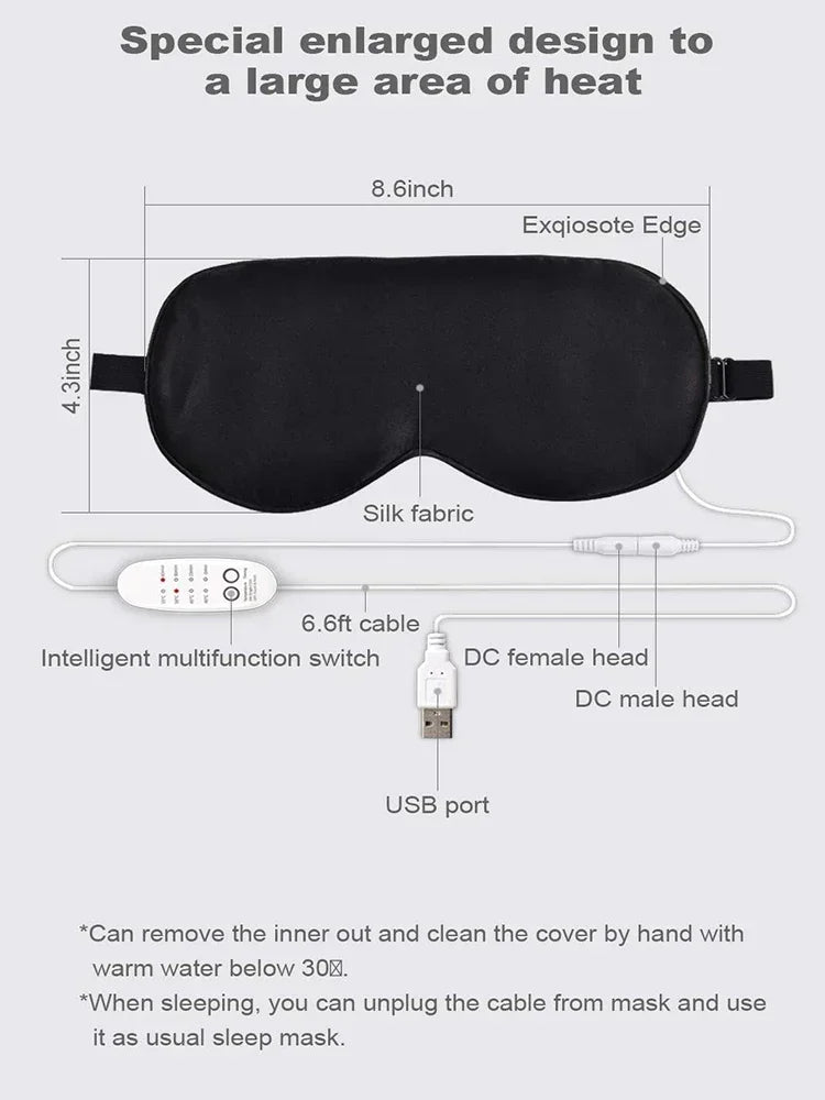 USB Heated Silk Eye Mask — Reusable Steaming Eye Massager for Sleep, Puffiness, Dark Circles & Eye Care