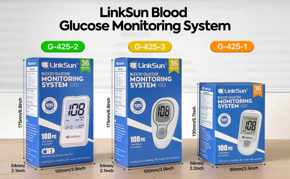 Linksun G-425-2 Blood Glucose Meter — 50/100PCS Test Strips, Digital Diabetes Testing Device, Blood Sugar Monitor