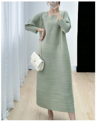 2023 Women's Miyake Pleated Long Dress – Full Sleeve, Round Neck, Korean Fashion, Plus Size Summer Style