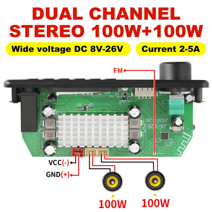 200W Bluetooth Amplifier Board - DIY MP3 WAV Decoder with USB, TF Card, FM Radio & Microphone, DC 12V