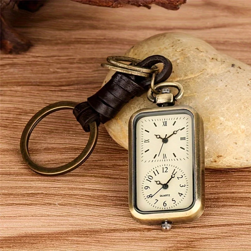 Bronze Square Pocket Watch Keychain - Vintage Double-Movement Quartz Pendant Watch with Antique Style